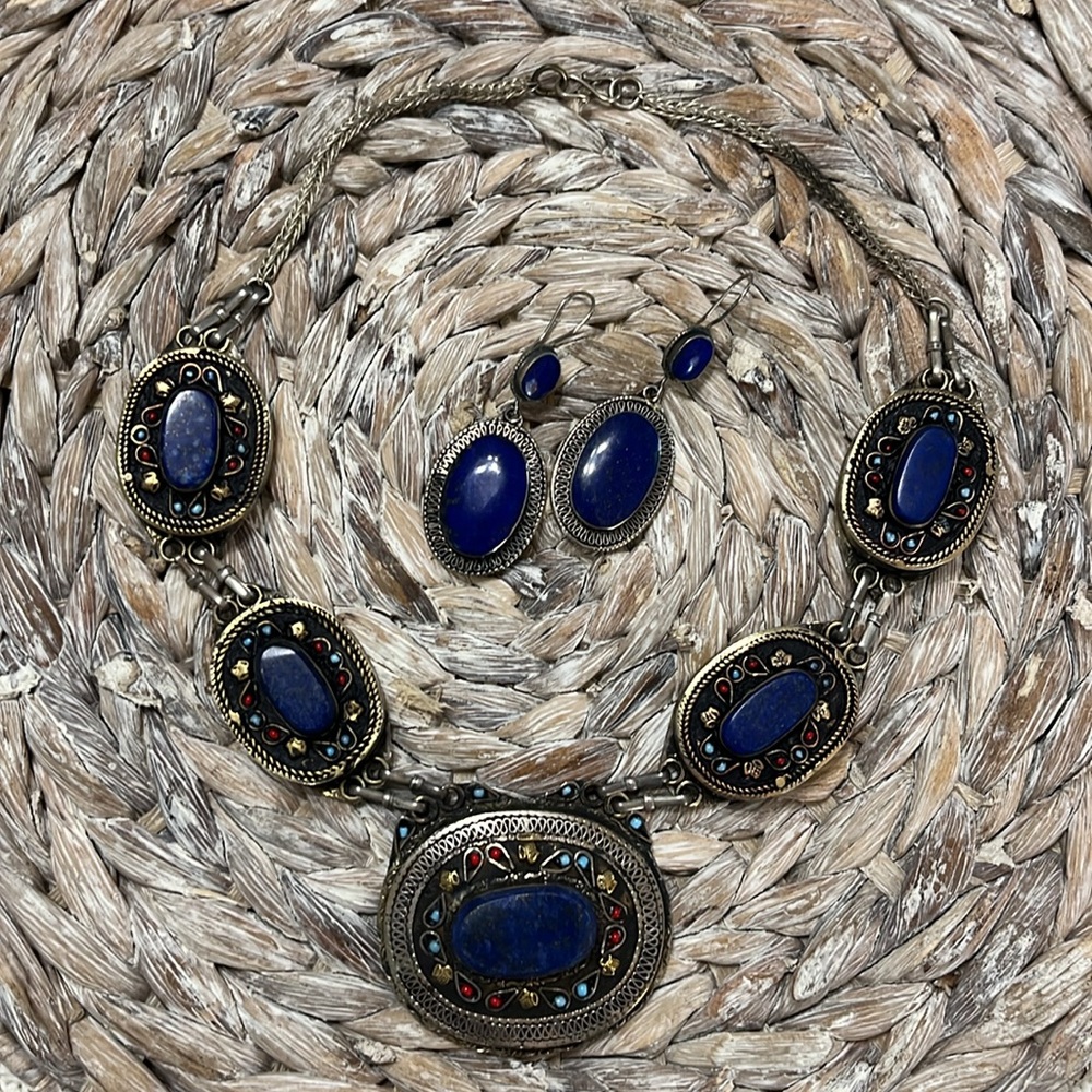 Vintage Uzbek Alpaka Lapis Lazuli Silver Necklace & Earrings